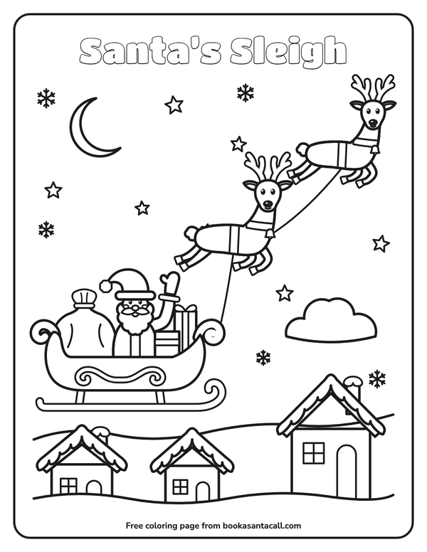 Coloring page of Santa waving from his sleigh full of presents, pulled by two flying reindeer over snowy rooftops under the stars and moon