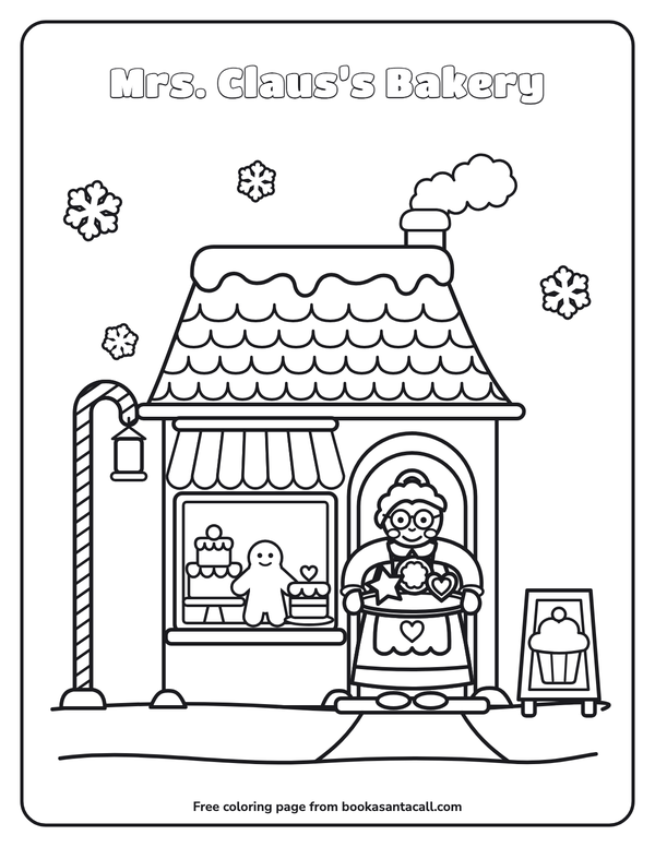 Coloring page of Mrs. Claus standing in the doorway of her bakery cottage with a tray of cookies, a striped awning over a window of cakes and a gingerbread friend, a candy-cane lamp post and a cupcake sign in the snow