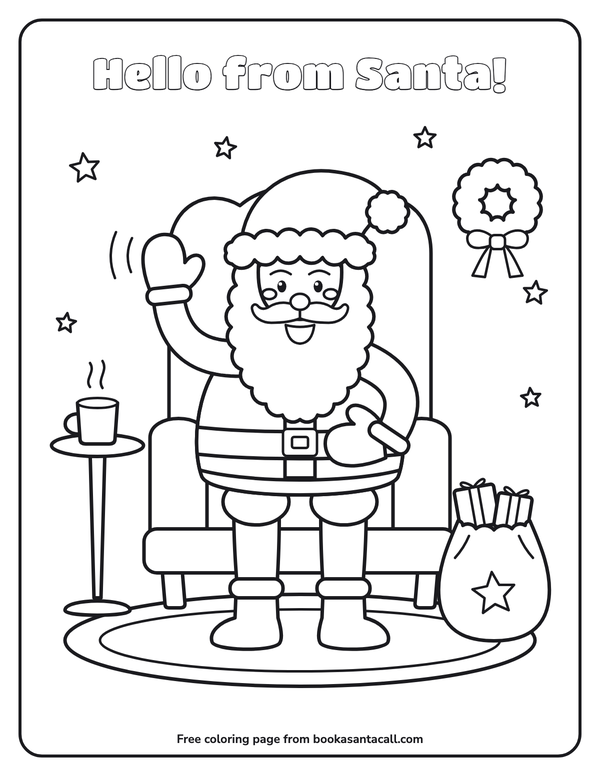 Coloring page of Santa waving from a big cosy armchair, with a sack of presents, a rug, a wreath and a mug of cocoa