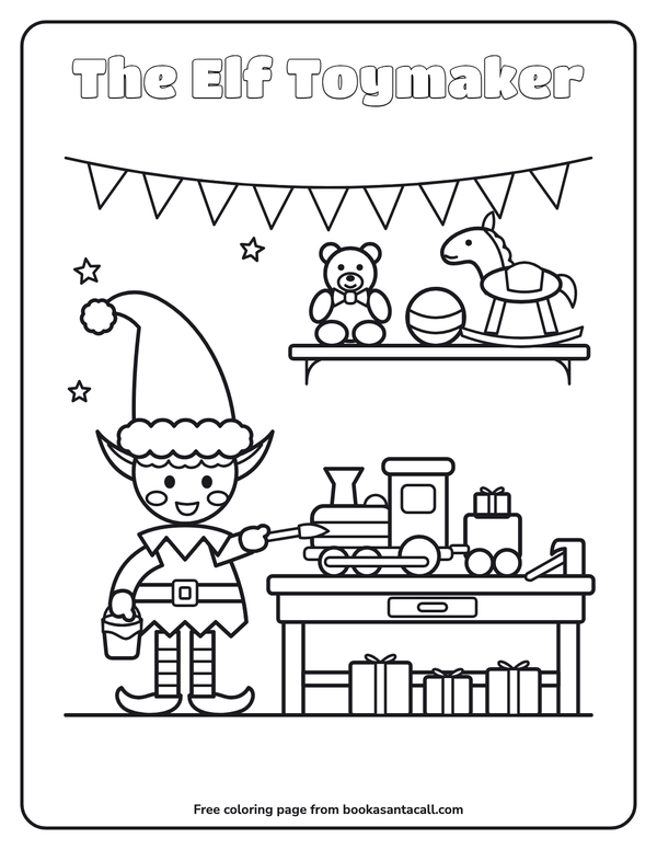 Coloring page of a cheerful elf painting a toy train at a workbench, with a teddy bear, a ball and a rocking horse on the shelf