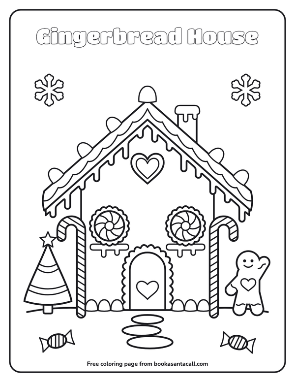 Coloring page of a gingerbread house with icing on the roof, gumdrops, candy-cane posts, peppermint windows, a heart on the door and a waving gingerbread friend