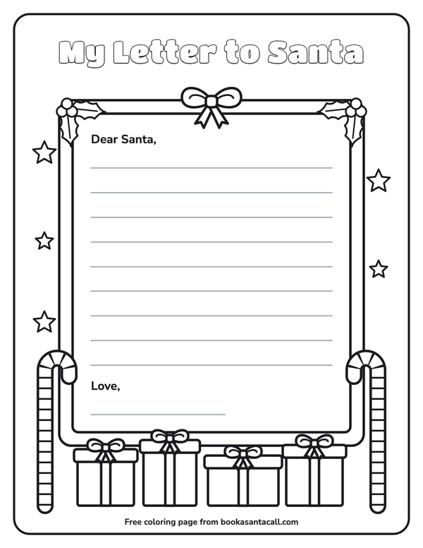 Coloring page with lined paper for a child to write a letter to Santa, framed by holly, stars, candy canes and presents