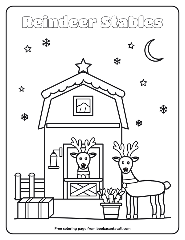 Coloring page of the reindeer stables: a cosy barn with a star on top, one reindeer peeking over the half-door and another standing beside a hay bale and a bucket of carrots