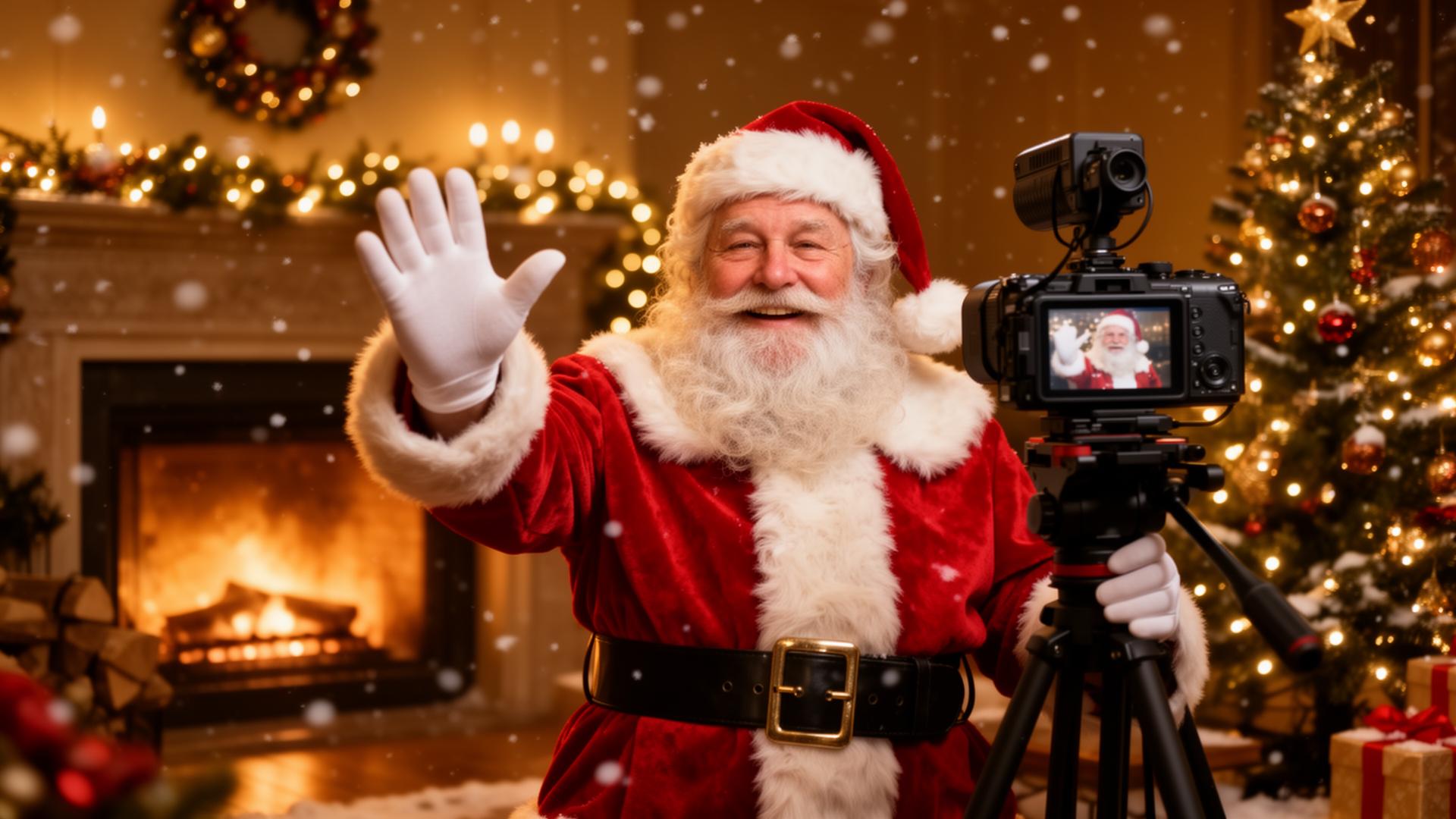 Santa waving on a live video call beside a fireplace and Christmas tree