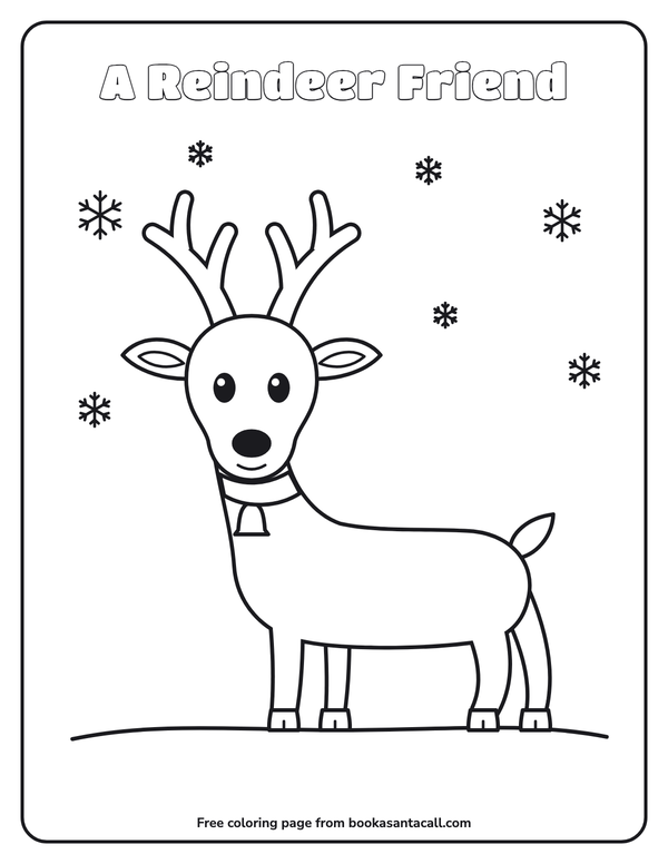 Coloring page of a friendly reindeer with antlers and a red collar with a bell, standing in the snow