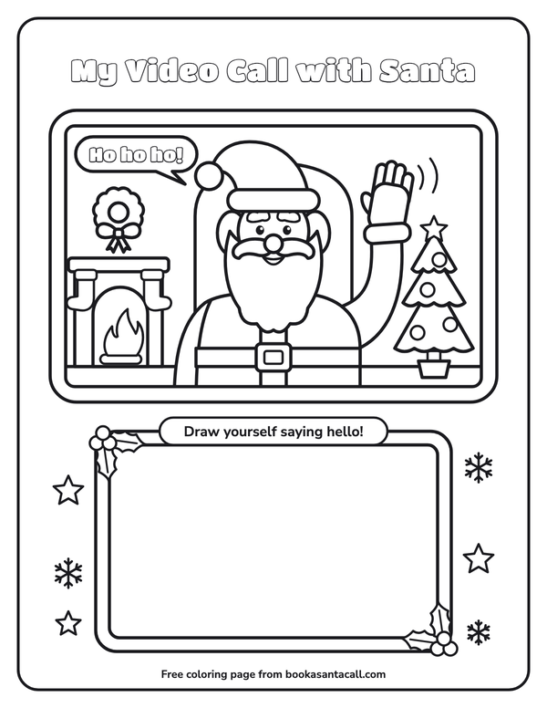 Coloring page of Santa waving from his cosy room on a tablet screen, next to an empty frame for a child to draw themselves saying hello