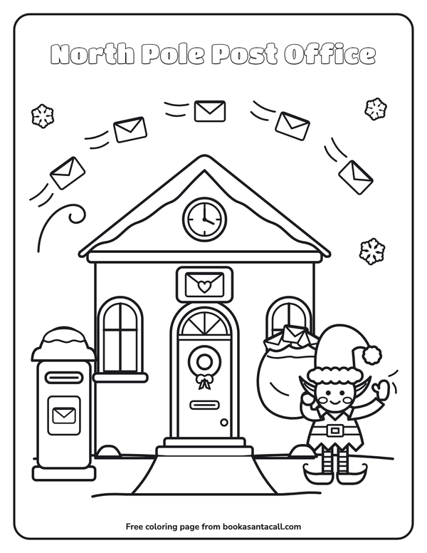 Coloring page of the blue North Pole Post Office with a round clock and an envelope sign, letters blowing in on the wind, a big red mailbox and a waving elf carrying a sack of letters