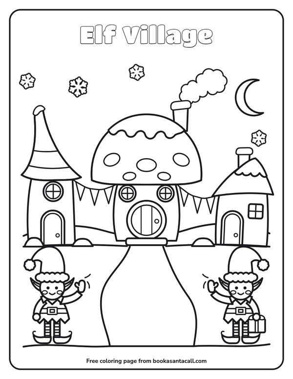 Coloring page of an elf village with a tall pointy cottage, a round mushroom house with a smoking chimney and a lopsided cottage, flag garlands strung between them, a snowy path and two elves waving hello