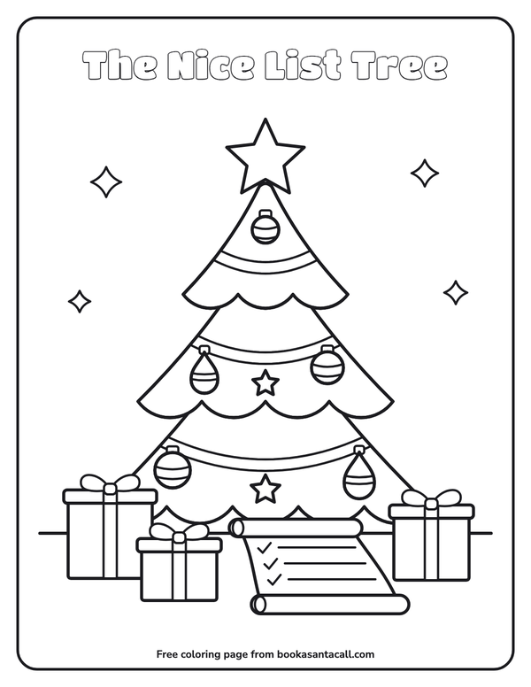 Coloring page of a tall Christmas tree with a big star on top, large ornaments and a garland, with Santa’s Nice List scroll and wrapped presents at its foot