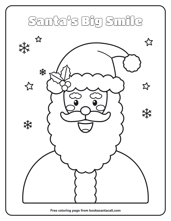 Coloring page of a smiling Santa with a big fluffy beard, rosy cheeks and a holly sprig on his hat