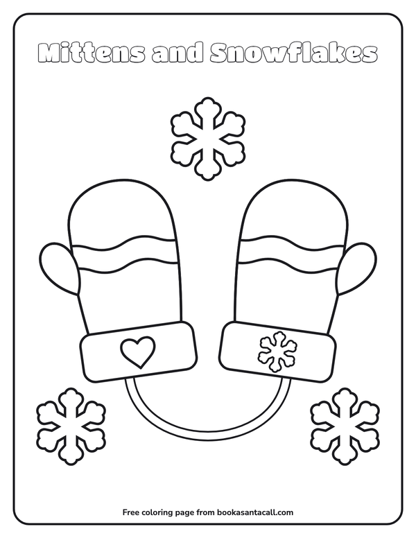 Coloring page of two big mittens joined by a string, with a heart and a snowflake on the cuffs and three big snowflakes