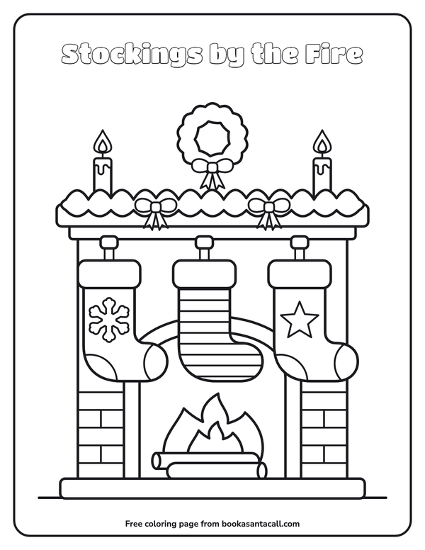 Coloring page of three stockings hanging over a brick fireplace with a cosy fire, two candles and a wreath